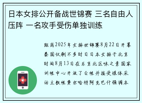 日本女排公开备战世锦赛 三名自由人压阵 一名攻手受伤单独训练