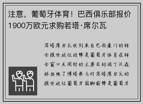 注意，葡萄牙体育！巴西俱乐部报价1900万欧元求购若塔·席尔瓦